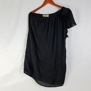 Francesca's Shirt Womens Small Solid Black Top Short Flutter Sleeve One Shoulder